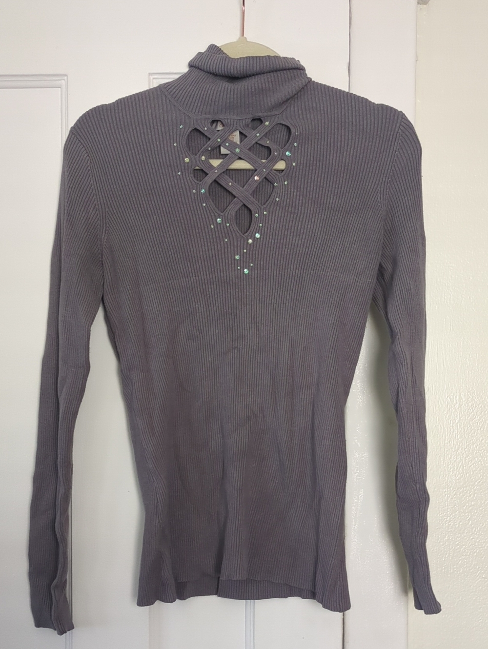 Gray woven cutout sequin turtleneck sweater